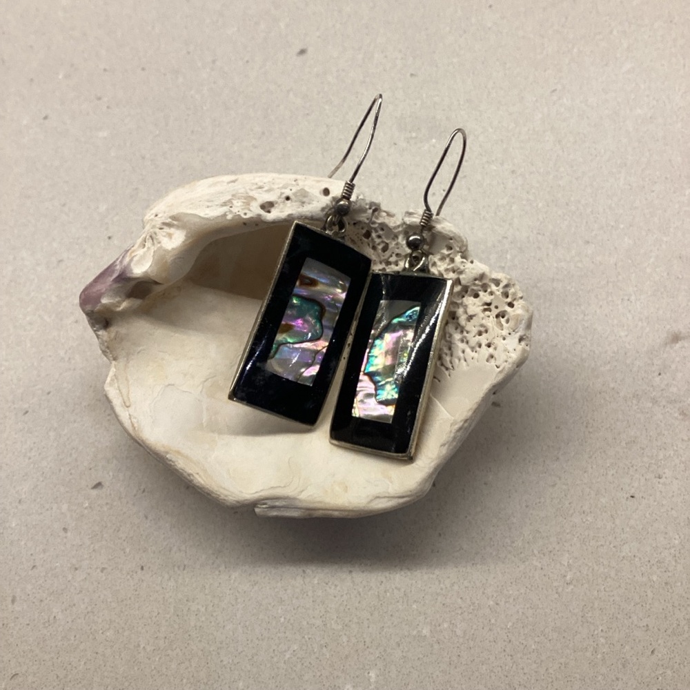 Vintage 80s Abalone Shell Alpaca Mexico Silver Earrings